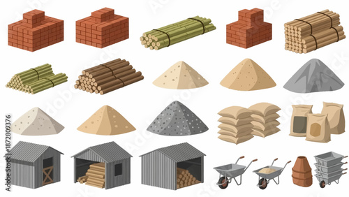 Construction materials and building supplies arranged in a yard for building projects.