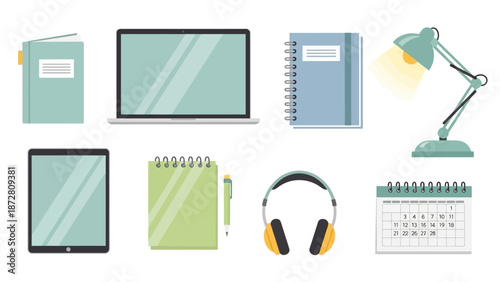 Modern desk setup featuring laptop tablet headphones lamp calendar notebook and monitor for productive work.