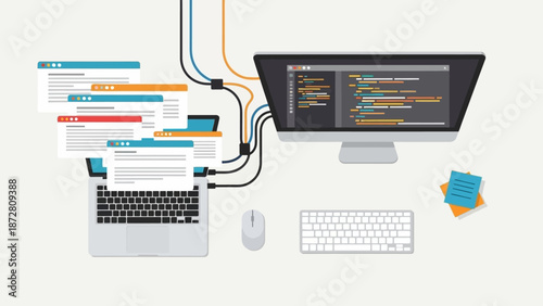 Overhead view of a modern programming workspace with dual monitors, keyboard, and tangled cables.
