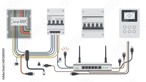 Complex network and electrical wiring setup with circuit breakers and routers.