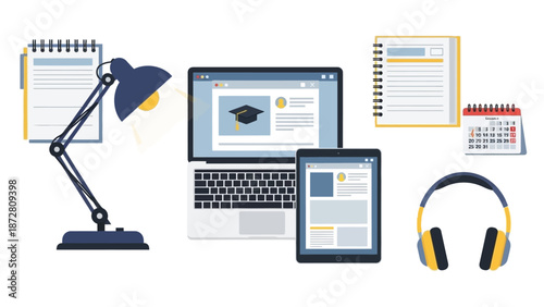 Modern desk setup featuring laptop tablet smartphone and headphones on a clean workspace.