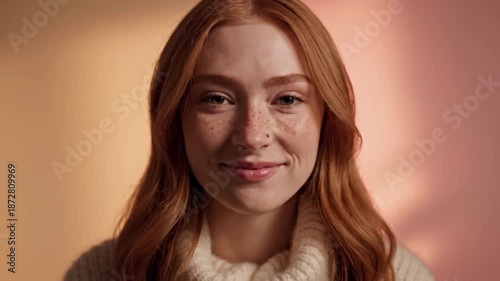 Woman with red hair and freckles smiling softly indoors