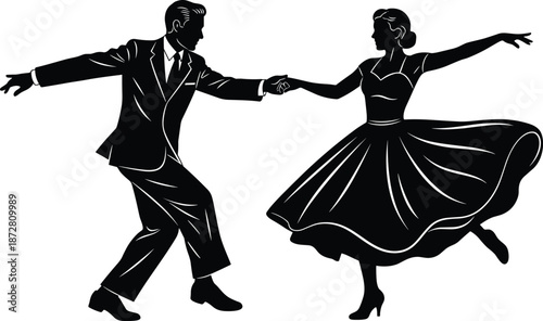 Vintage silhouette of couple dancing swing or lindy hop, retro 1950s style rock and roll dancers, elegant ballroom dance illustration.