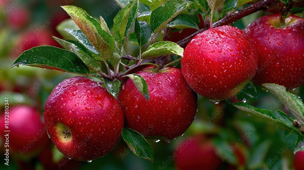 Obraz premium Fresh Natural Apple Branch on the Tree with Water Droplets Fruit