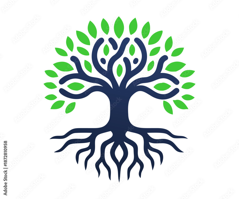 Obraz premium Tree of Life with Roots Logo, Green Nature, Growth and Sustainability Vector Illustration.