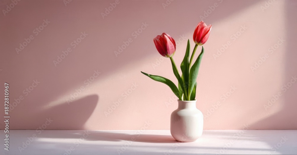 Fototapeta premium Red tulips bloom inside small vase. Soft light creates shadows, simple composition, pastel background. Minimalist still life.