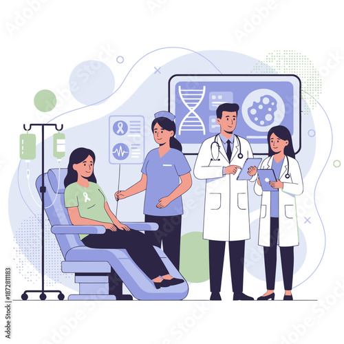 Cancer care and oncology treatment concept with flat vector illustration of medical professionals, chemotherapy infusion, radiotherapy screening, and multidisciplinary patient recovery support