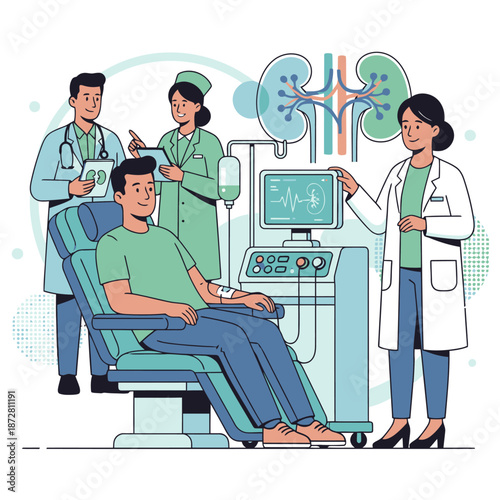 Kidney disease treatment center concept with flat vector illustration of nephrologist consulting patient on renal health dialysis care and urinary system medical diagnostics for kidney failure