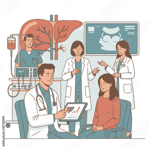Liver disease diagnosis and gastro care concept with flat vector illustration of medical professionals, internal medicine consultation, liver function tests, and hepatology treatment plans