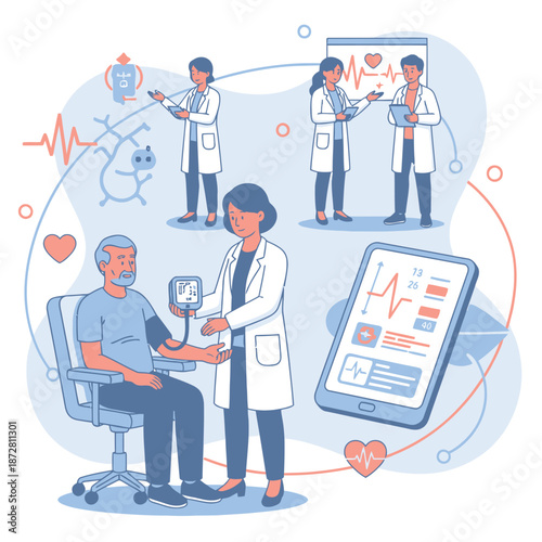 Blood pressure treatment services concept with flat vector illustration of medical professionals monitoring hypertension for elderly patients using digital tonometers and healthcare mobile apps