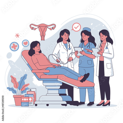 Women health and gynecology medical concept with flat vector illustration of patient undergoing ultrasound exam and professional medical team consulting on female reproductive disease treatment