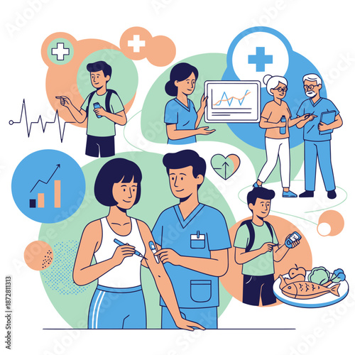 Diabetes management and insulin treatment concept with flat vector illustrations of patients monitoring glucose levels, healthy diet planning, medical consultation, and healthcare professional support