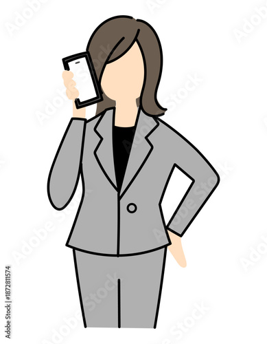 ゆるいタッチのスマホで電話をするスーツ女性シルエット