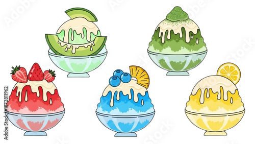 Colorful shaved ice desserts with various toppings and flavors in bowls