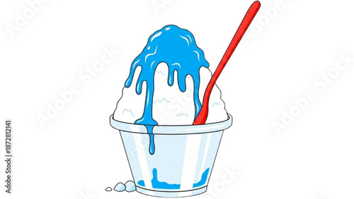 A blue slushy dessert in a cup with a red spoon, viewed from the side