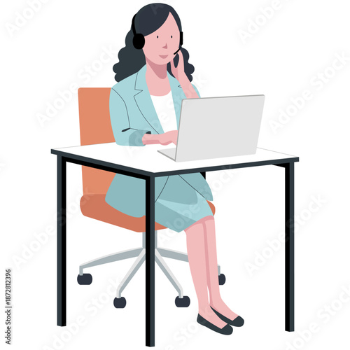 ヘッドセットを装着し、ノートパソコン越しに笑顔の褐色の肌のカスタマーサービスの女性の座っている全身の斜めから見たベクターイラスト. Brown-skinned customer service woman wearing a headset and smiling through a laptop.