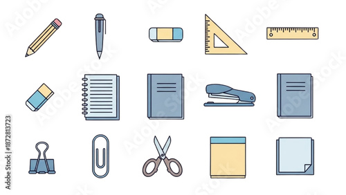 Stationery items neatly arranged on a white background showcasing various office supplies and tools for writing and organization