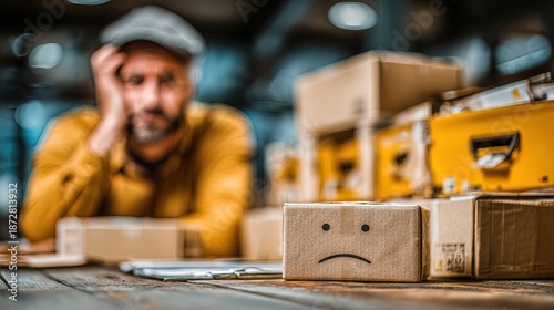 Depressed Courier with Sad Face Box Symbolizing Business Troubles and Anxiety