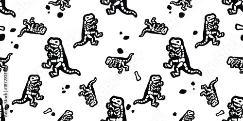 dinosaur seamless pattern t-rex Tyrannosaurus rex skeleton bone cartoon vector character doodle illustration wrapping paper tile background repeat wallpaper scarf isolated design