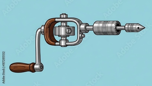 Vintage Hand Drill Tool on Blue Background.