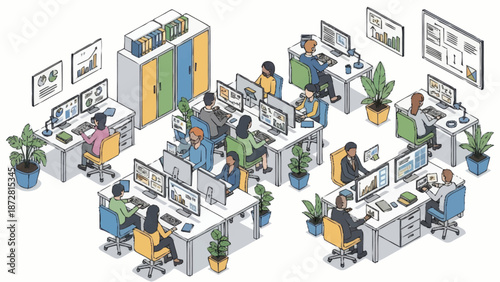 Isometric office workspace with employees working on computers and collaborating.