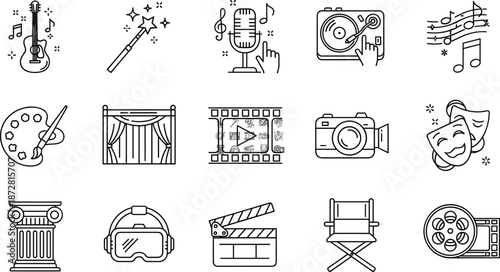 Media and Entertainment Technology Vector Line Icons Set, Including Drone, Camera, Speakers, Video Player, Smartphone, and Digital Gadgets, Editable.