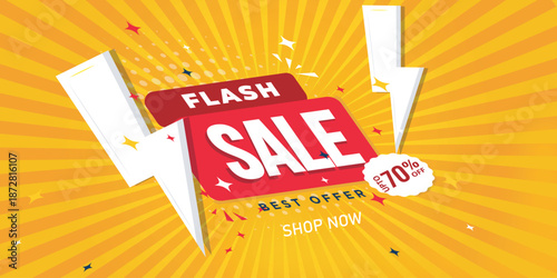 Flash sale advertising poster with white lightning bolts on yellow sunburst ray