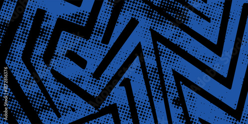sports background, banner design in blue and black with pointed shapes and empty space. brush stroke pattern, vector illustration
