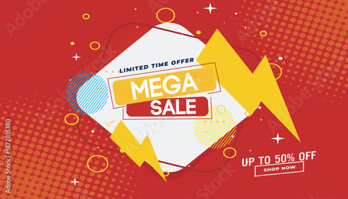 Limited time mega sale red banner with yellow lightning and geometric elements