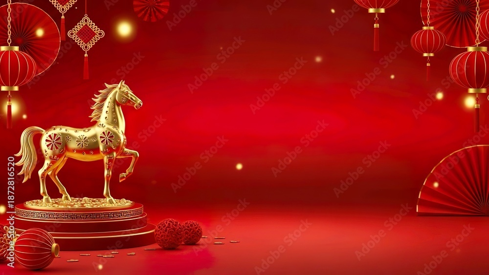 Fototapeta premium Golden horse figurine on a red background with Chinese lanterns and decorations for the Chinese lunar new year, specifically the year of the horse.