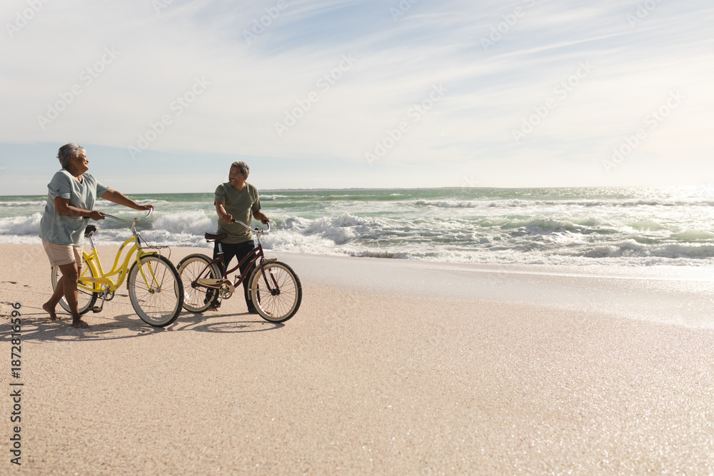 Fototapeta premium Senior multiracial couple talking while wheeling bicycles on shore at sunny beach against sky