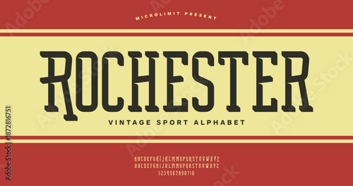 Rochester: Classic slab serif font with a sporty look. Modern retro display typeface with strong urban energy.