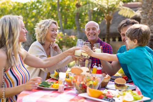 Tableau sur toile Happy caucasian three generational family toasting drinks at table in the garden
