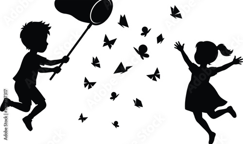 Silhouette of happy boy and girl jumping to catch butterflies with net, group of children playing outdoors, flat vector illustration design, kids