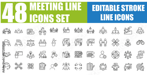 Meeting Line Editable Icons Set - Conference, Summit, Work From Home, Online Meetings, Team, Brainstorm, Interview, Collaboration, Webinar, Video Call, Corporate, Presentation and More - Thin Line Sty