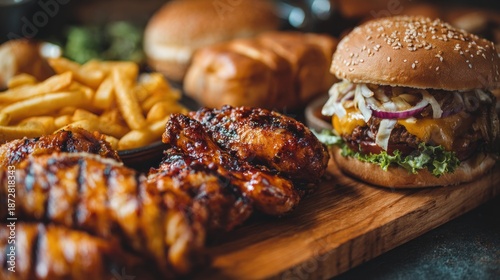 Delicious assortment of fast food including chicken wings fries and burgers on a wooden serving