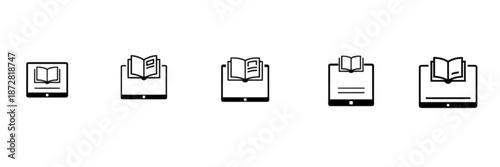A minimalist vector image collection featuring five digital tablet icons with open books on the screens, symbolizing e-learning, mobile education, digital libraries, and modern online study methods
