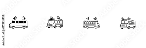 A minimalist vector image collection featuring four distinct school bus and van icons, illustrating student transportation, campus shuttle services, and educational travel logistics