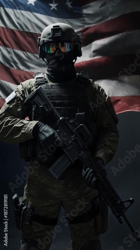 A powerful cinematic image of a modern soldier in full tactical gear set against a waving American flag. Dramatic lighting, a firm stance, and detailed equipment emphasize strength, discipline.