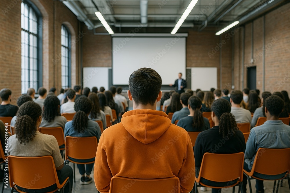 Fototapeta premium Young man in orange hoodie attending lecture with diverse students in modern classroom, focus on individuality and learning concept from behind view. Ai generative