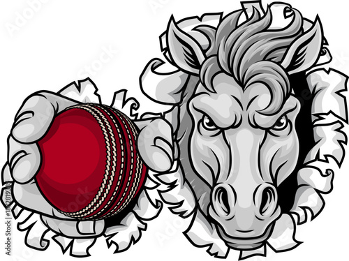 Horse mustang bronco stallion cricket angry sports team mascot holding a ball.