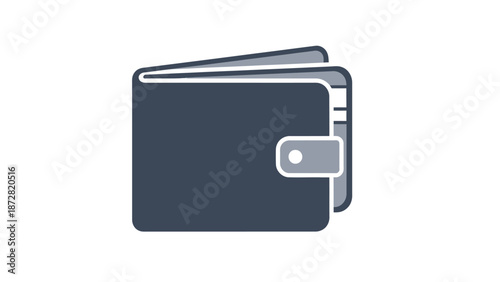 Dark blue wallet icon with strap and card holder front view, minimalist illustration for finance and business concepts.