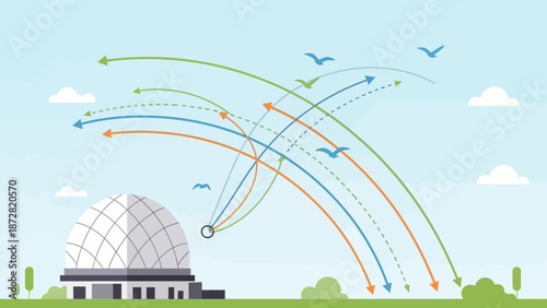 Colorful arches over a futuristic geodesic dome building in the skyline.