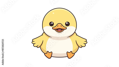 Cute cartoon baby duckling sitting with tiny feet and cheerful yellow beak face.