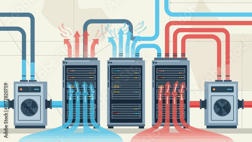 Industrial data center servers connected by colorful pipelines and cooling systems.