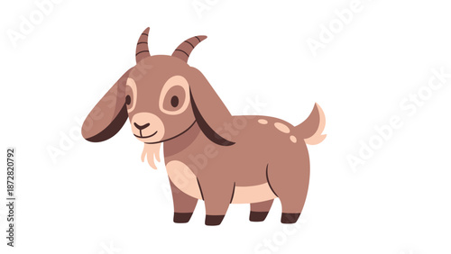 Playful cartoon brown goat standing in a pasture, looking forward across the grass.