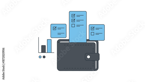 Wallet with cards and charts illustrating digital finance and business transactions.