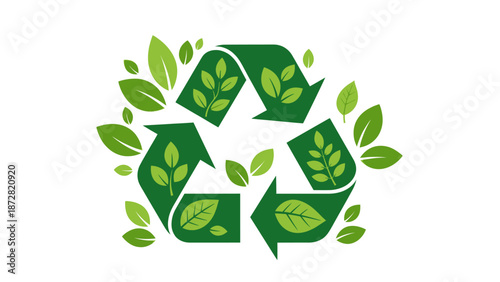 Eco friendly recycling emblem composed of leaves and arrows symbolizing sustainability.