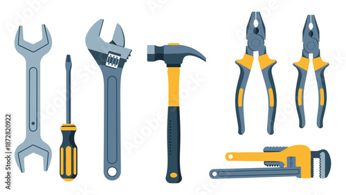 Collection of hand tools including wrenches hammers pliers saws and screwdrivers arranged for workshop use.
