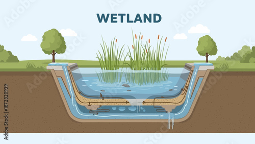 Cross-section of a wetland with water, plants, and drainage system illustrating aquatic habitat and landscape features.